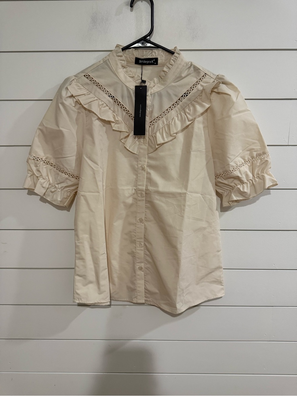 Allegra K Cream Ruffle Eyelet Button-Front Blouse